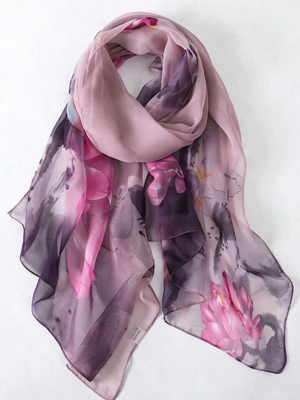 Large Watercolor Lotus Floral Oblong Chiffon Scarf Pink Gray